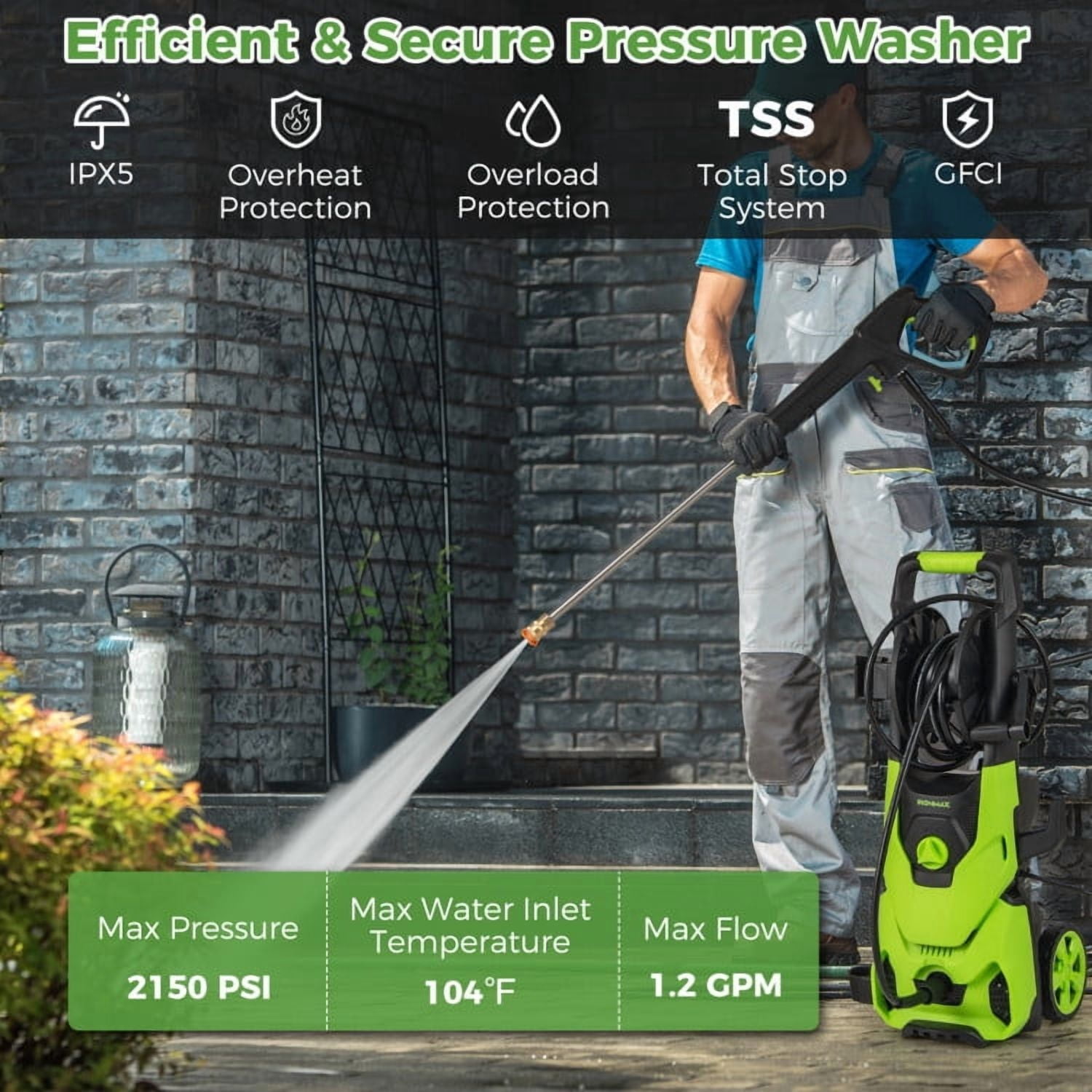 GVN 2150PSI Electric Pressure Washer 1.2GPM with 4 Quick Connect Nozzles and Foam Cannon-Green