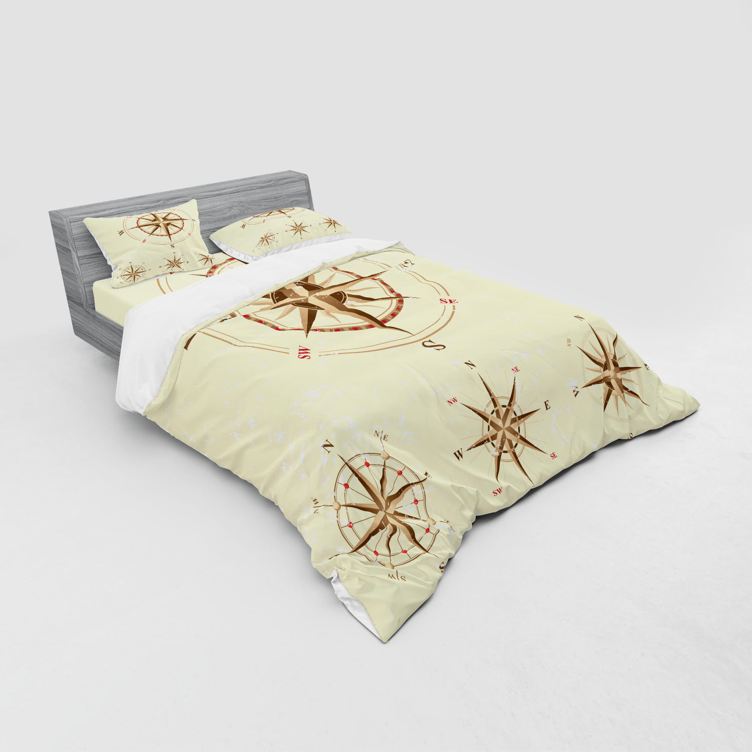 LEO BON Compass Duvet Cover Set Full Size Four Different Compasses in Retro Colors Discovery Equipment Where Nautical Marine Floral Duvet Cover and Pillow Shams Bed Set Beige Tan