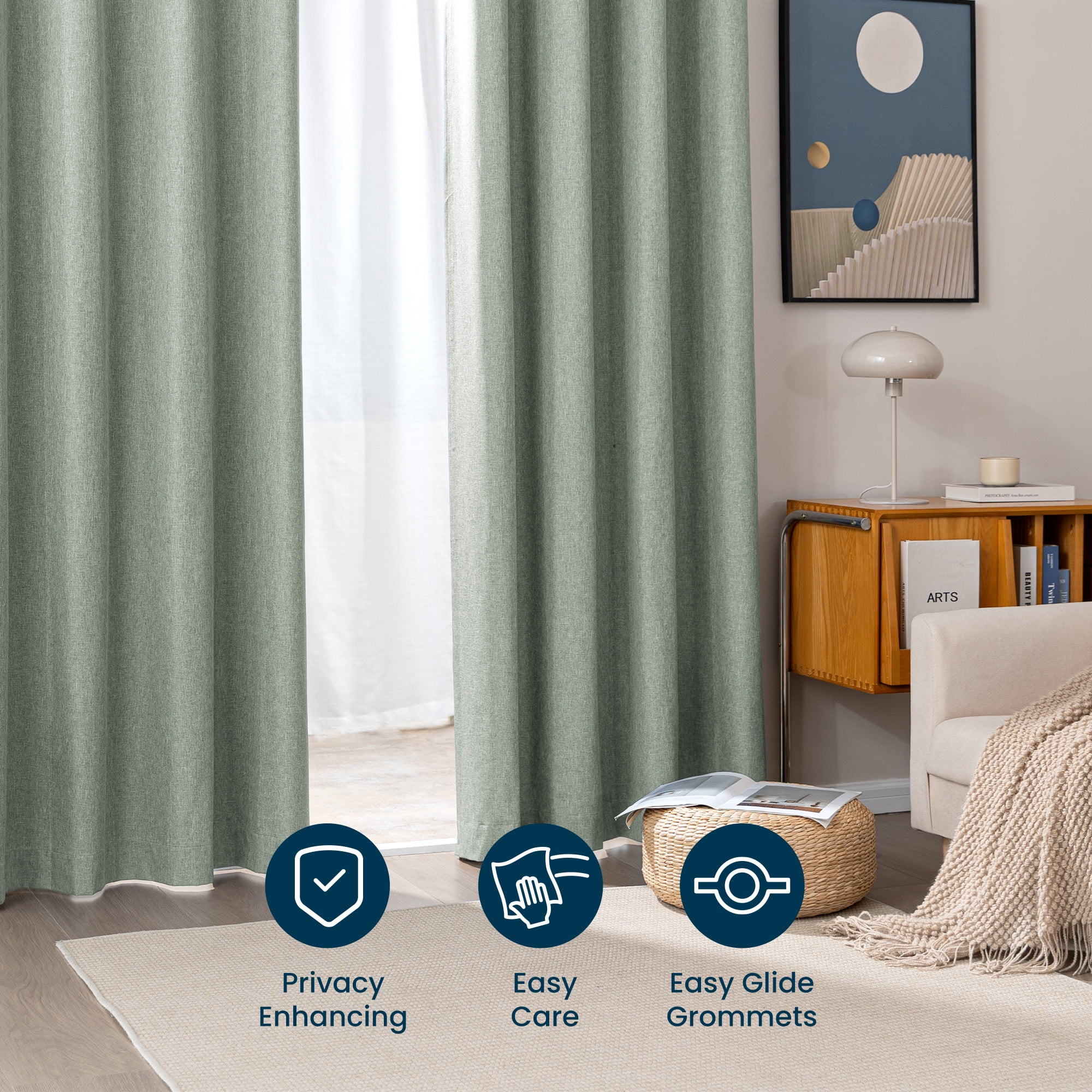 Sleep Zone Linen Look 100% Blackout Curtains for Bedroom Windows Living Room Darkening Thermal Insulated Drapes 2 Panels, 42" x 95" Dark Green