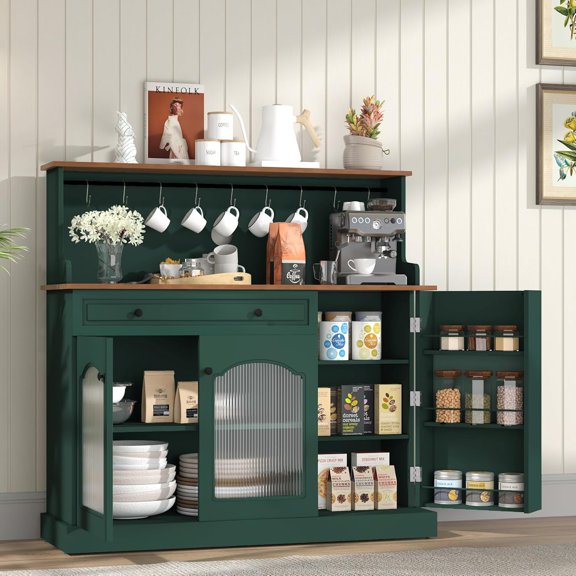 ARTPOWER 48” Kitchen Pantry with Glass Doors, Wood Coffee Bar Cabinet with Drawer, Green Microwave Cabinet with Hutch, Farmhosue Buffet Sideboard for Living Room, Dining Room