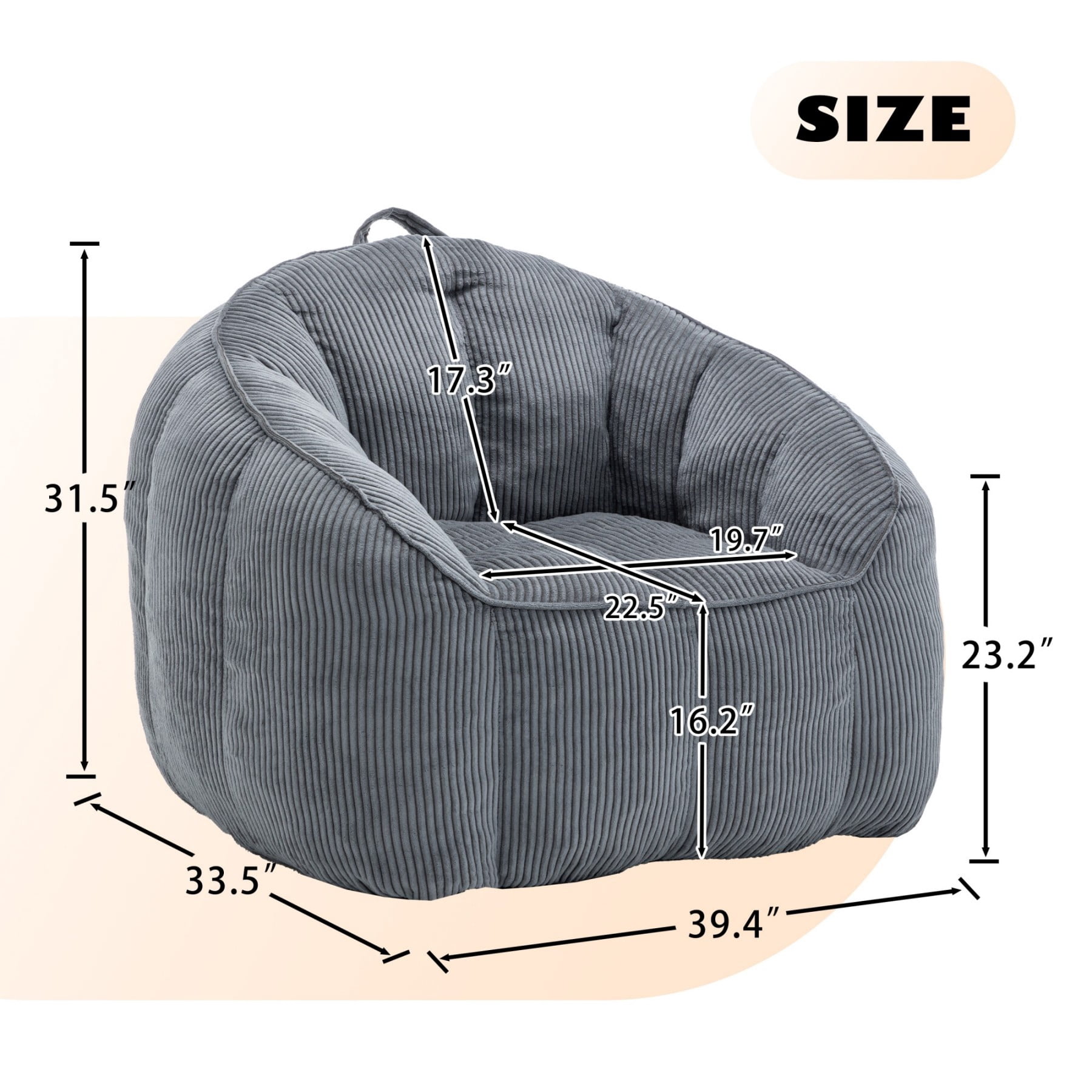 Giant Bean Bag Chair Sofa for Adults & Teens, Corduroy Bean Bag Couch with Armrests & Filler Included, Dark Gray