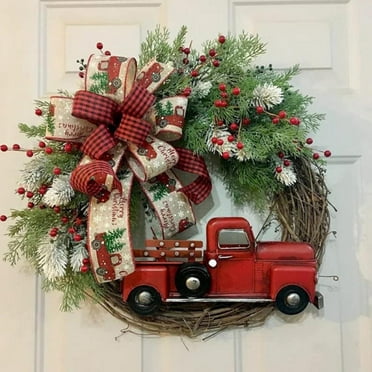 14" Rustic Christmas Garland Red Truck Christmas Wreath Xmas Rattan Decor