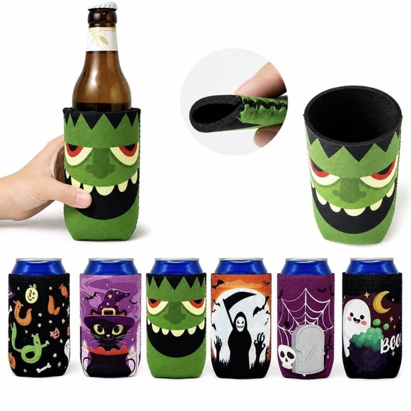 Can Cooler Sleeves Neoprene Halloween Themed 6 Piece Set Insulated Drink Sleeve for Standard 12 oz Cans Bottles Halloween Party Decor for Bar Restaurant Home Halloween Gatherings