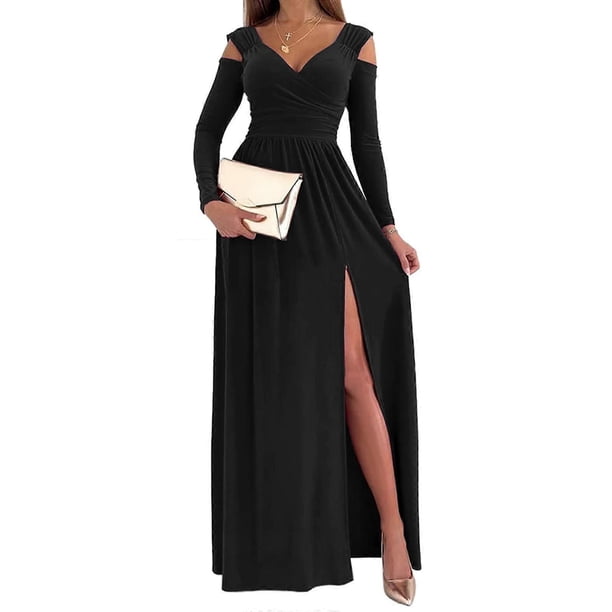 Women Long Sleeve Slit Maxi Long Dresses Deep V Neck Cold Shoulder Dress for Women Casual Evening Date Red XXXL
