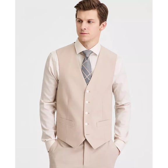 Tommy Hilfiger Mens Modern fit Button-Up Suit Vest Large Beige Solid Stretch