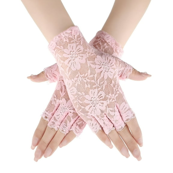 TELOLY Lace Driving Gloves Long Fingerless Half Finger Fishnet Gloves Mesh Mitten Dance Gloves PINK