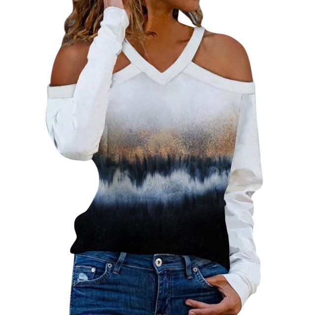 Camisas Para Mujer, Camisetas Con Hombros Descubiertos, Camiseta de Manga Larga Con Estampado Digital 3D Erógeno, Túnica Fina Con Cuello en V Odeerbi ODB125349