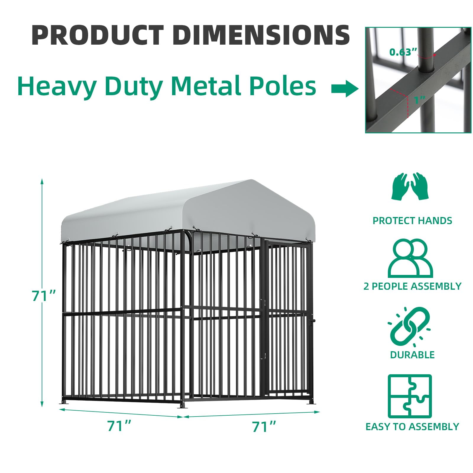 VIVIJASON 6 x 6 x 6 Ft Large Outdoor Dog Kennel, Heavy Duty Metal Frame Dog Cage with Thickened Bars, UV & Waterproof Cover, Outside Pen Playpen Dog Run House for Large to Small Dogs