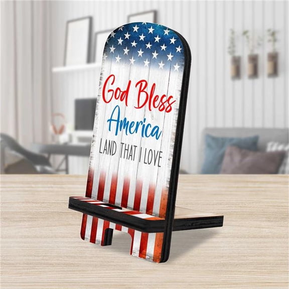 Designocracy 892073 6 x 3 x 3 in. God Bless America Cell Phone Stand with Wood Mobile Holder Organizer