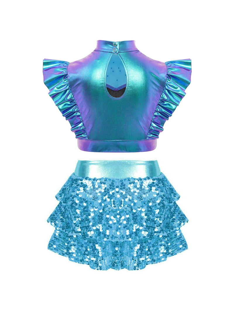YiZYiF Girls 2Pcs Hip Hop Jazz Dance Outfits Sparkly Crop Tops and