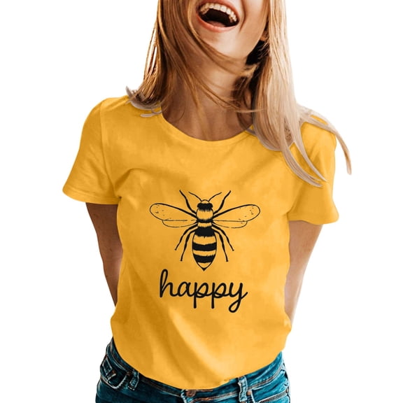 Alun Happy Bees' Day Womens T Shirts Women Loose Comfortable Summer Classic Crewneck Short Sleeve Tees Soft Lightweight Cute Honeybee Graphic Festival Celebration Tops 2-Yellow XL