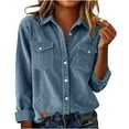 thumbnail image 5 of QIUOMBBP Women's Corduroy Cargo Shirts Long Sleeve Collared Button Down Blouse Solid Color Work Tops Boyfriends Jackets Shackets with Pocket, Blue, M, 5 of 10