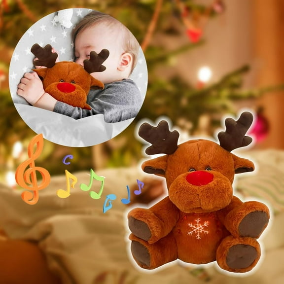 KOYPTL Christmas Plush Elk Toy with Lighting Heart for Kids Toddlers 1 2 3 4  Years Old,Reindeer Stuffed Doll Soft Toy Sleeping, Comforting Baby for Christmas Birthday Gifts