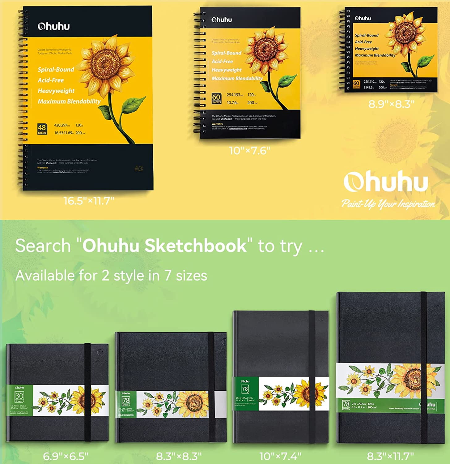 Ohuhu Hardcover Sketchbook, Marker Paper Pad, 78 Sheets, 8.3"x11.7", for Alcohol Markers & Drawing