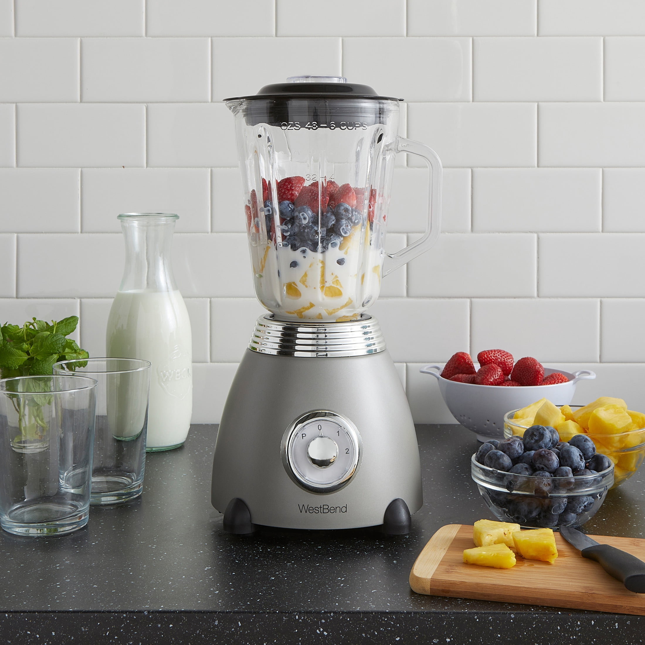 West Bend Retro-Style 2-Speed Blender with Pulse Function and BPA-Free Glass Jar, 48oz. Capacity, in Gray (BLWBRTGR13)