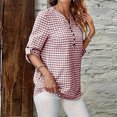 thumbnail image 5 of Vivianyo HD Women's V Henley Gingham Plaid Blouse, Adjustable Roll Tab Three Quarter Sleeve Shirt for Women, Spring Summer Casual Tunic for Grocery Runs and Neighborhood Walks, Sizes S-2XL, 5 of 7