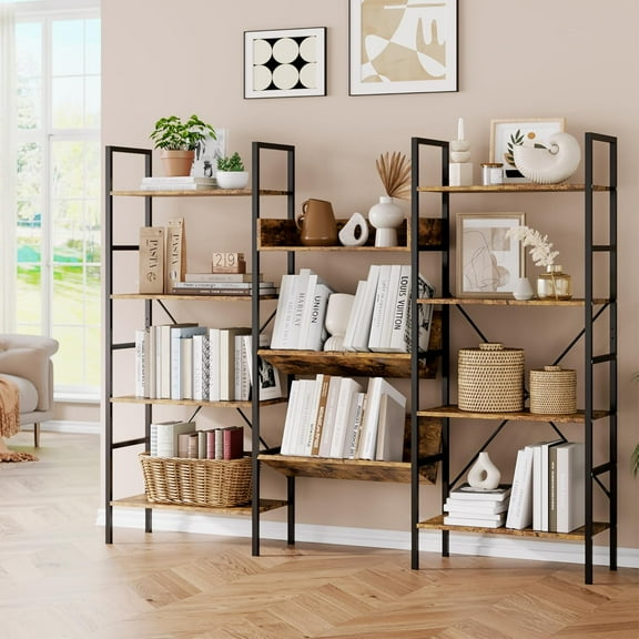 Triple 4 Tier Bookshelf,Bookcase with 9 Open Display Shelves And 2 V-Shaped Shelves, Large Etagere Bookshelf, Adjustable Rustic Industrial Style Book Shelves, Modern Bookshelves for Home Office