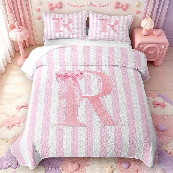 Manfei Pink Line Geometric Pattern Quilt Full,Personalized Monogrammed R Full Bedspread Sets,3-Piece,1 Coverlet and 2 Pillowcases