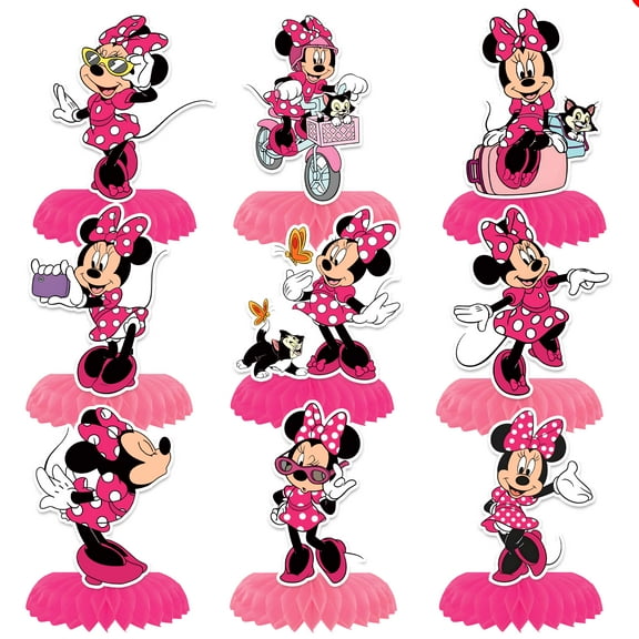 9 Pcs Cute Party Decorations, Cartoon Honeycomb Centerpieces for Minnie Birthday Party, 3D Table Decorations Party Supplies