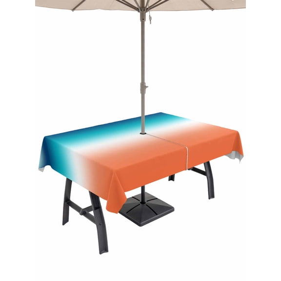 Outdoor Tablecloth with Umbrella Hole for Patio/Picnic/Party/Camping, Orange Blue Teal Ombre Waterproof Table Cloth Rectangle Table Cover Washable, Contemporary Abstract Gradient (54"x 80")