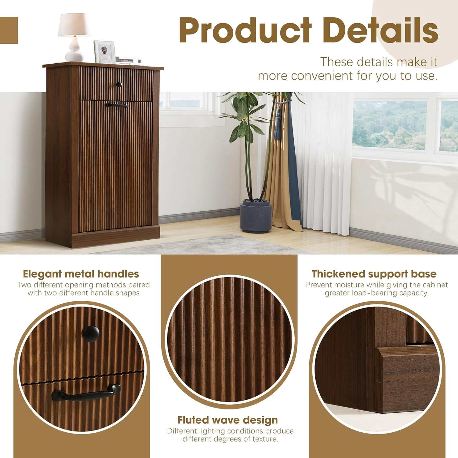 Magic Union Tilt Out Fluted Laundry Hamper Cabinet, 11 Gallon Hidden Laundry Hamper, Wooden Trash Can Cabinets with Drawer, Modern Garbage Can Cabinet for Bathroom, Kitchen, Living Room