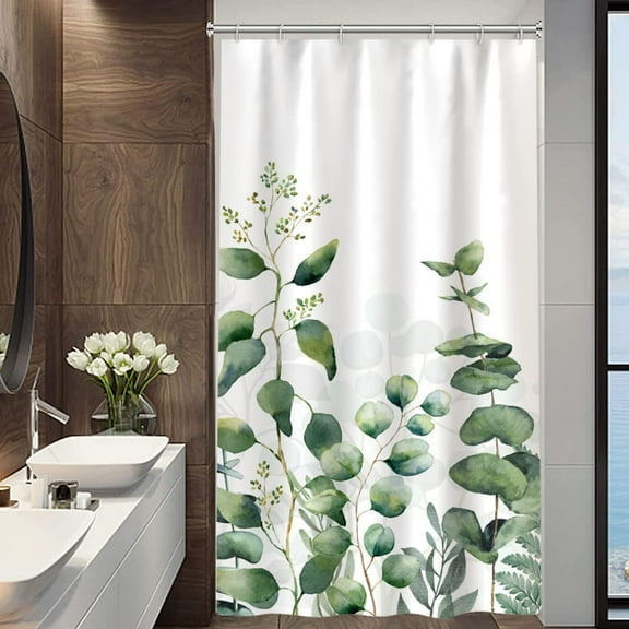 Small Stall Half Size Narrow Plant Shower Curtain 36Wx72H Inch Green Eucalyptus Leaves Shower Curtain Watercolor Nature Botanical Plant Bathroom Curtain Waterproof Fabric with 12 Hooks