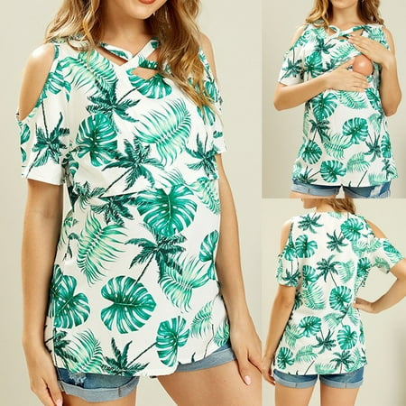 

CTEEGC Maternity Womens Tops Fashion Maternity Casual Round Neck Short Sleeve Off Shoulder Print T-Shirt Top