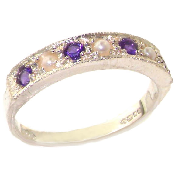 LBG 925 Sterling Silver Cultured Pearl and Amethyst Womens Band Ring - Sizes 4 to 12 Available