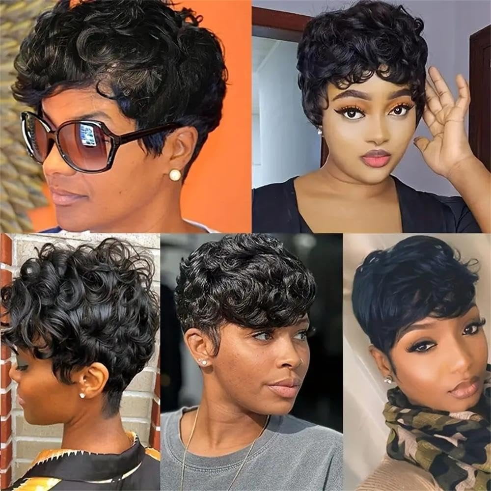 Bob Wig Human Hair Short Pixie Cut Wigs for Black Women - None Lace Front Glueless Pre-Plucked Short Curly Wigs with Bangs, Daily Use Black 1B Color