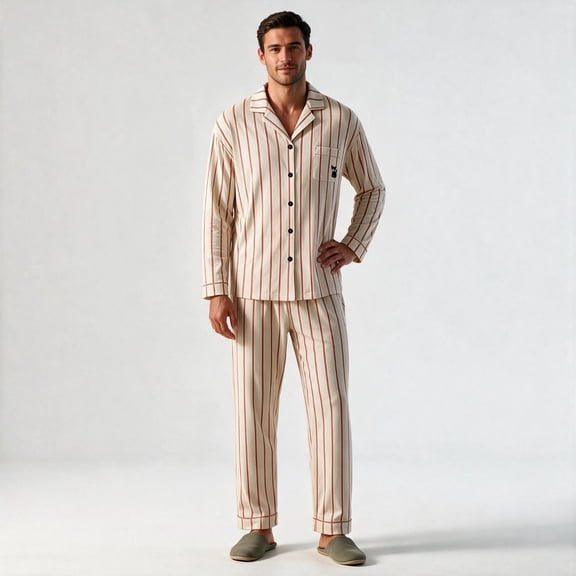 GSPCLAM Mens Pajama Sets Fall Winter Loungewear Pajamas Sets Long Sleeve Stripes Sleepwear Shirt and Pants Sets Beige XL