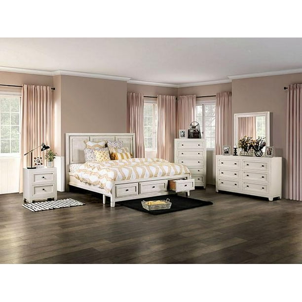 Rustic Ivory Solid Wood King Bedroom Set 3pcs FOA EM7074IV Oakridge