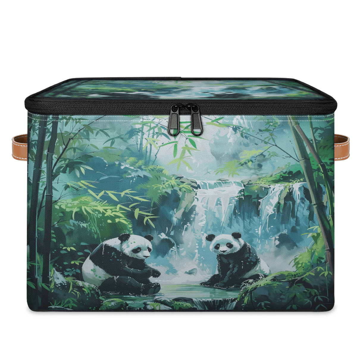 ADECORIVY Cute Panda Storage Bin with Lid Fabric Forest Bamboos Leaves Foldable Storage Baskets Boxes for Clothes Shelves Closet Organizer Containers with Leather Handles for Wardrobe