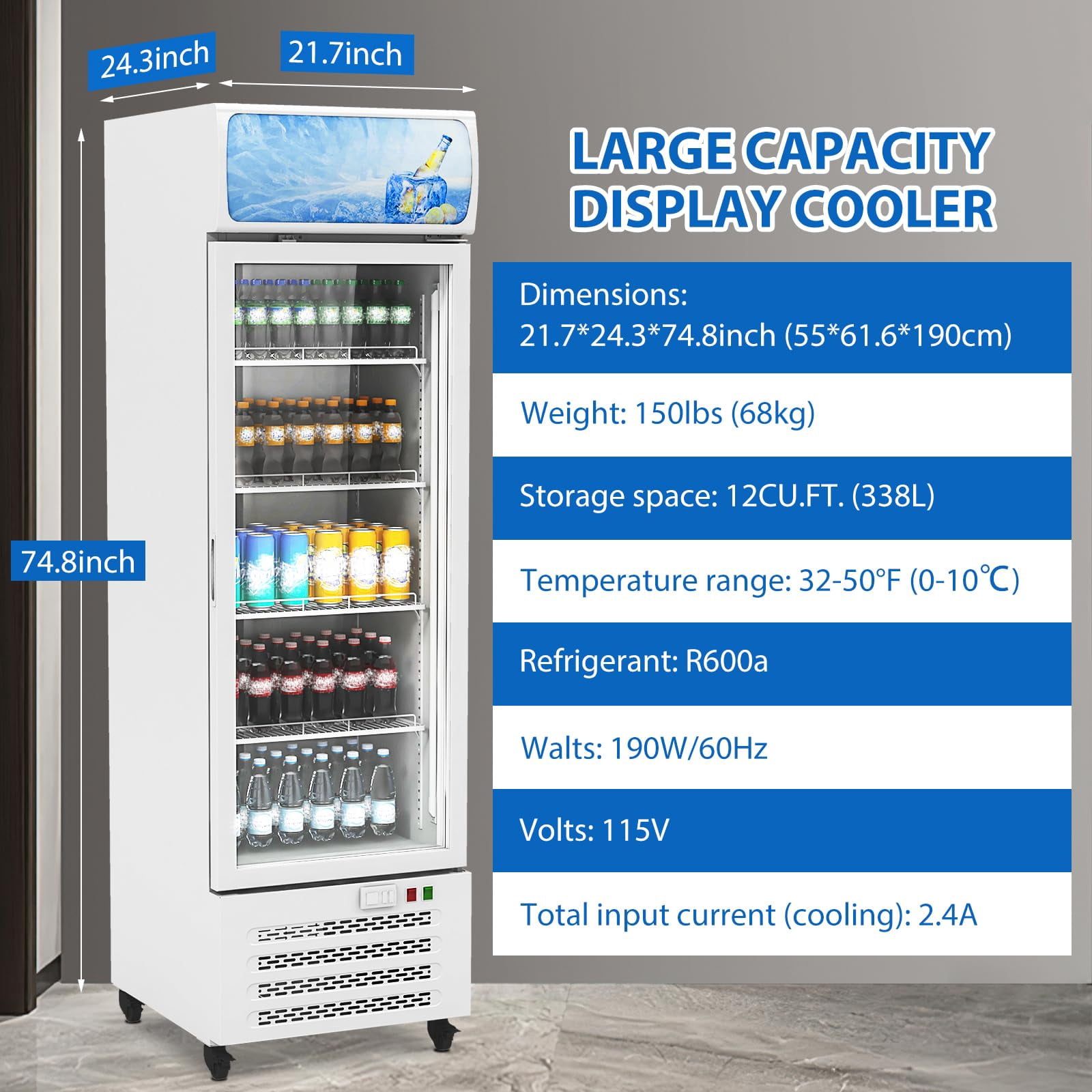 Commercial refrigerators with Glass Door Display Beverage Fridge 11.3 Cu.Ft/320L Merchandiser Fridge with 4 Adjustable Shelves for Home Restaurant Office Grocery Stores