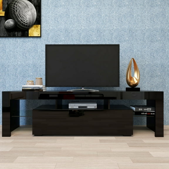 Bellemave TV Stand with LED Lights for 70 Inch, TV Table with 2 Storage, TV Console with Open Shelves, TV Cabinet for Living Room, Bedroom(Black)