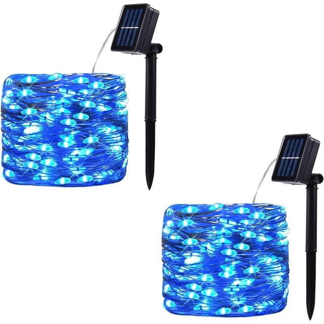 SPRKLINLIN Paquete de 2 100 luces LED de cadena con energía solar, alambre de cobre impermeable para exteriores, 8 modos de luces de hadas para jardín, patio, fiesta, Navidad, hogar (multicolor)