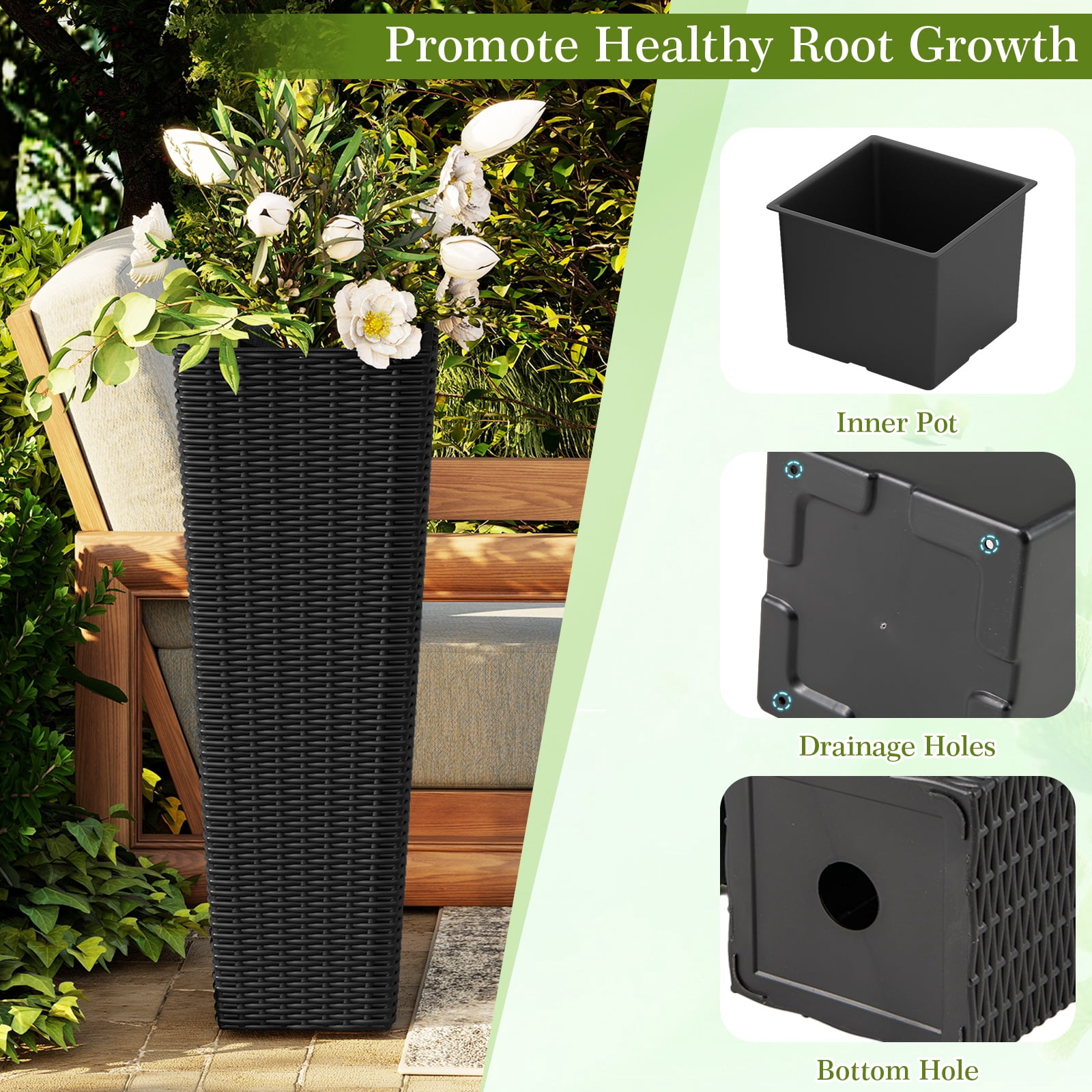 Patiojoy Set of 2 Planters for Outdoor Plants Tall Tapered Plants w/Inner Trays Drainage Holes Black