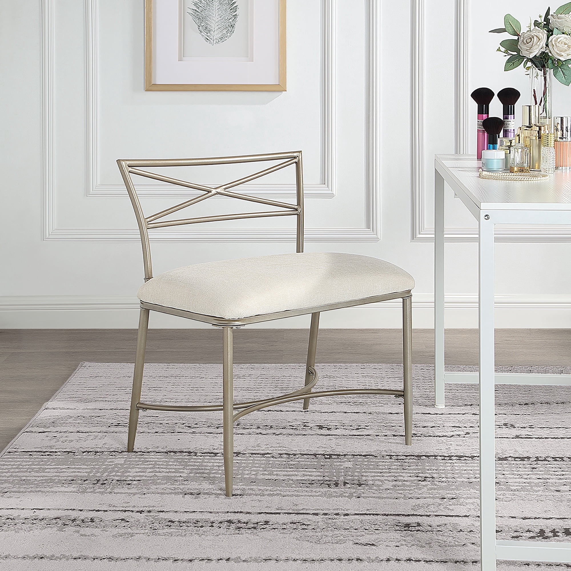 Azalea Park Champagne Vanity Bench with White Cushion