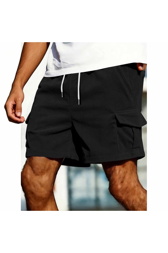 Mens Corduroy Cargo Shorts with Multi Pockets Ribbed Textured Elastic Drawstring Waist Beach Shorts Relaxed Fit Casual Summer Vacation Bottoms Black,S