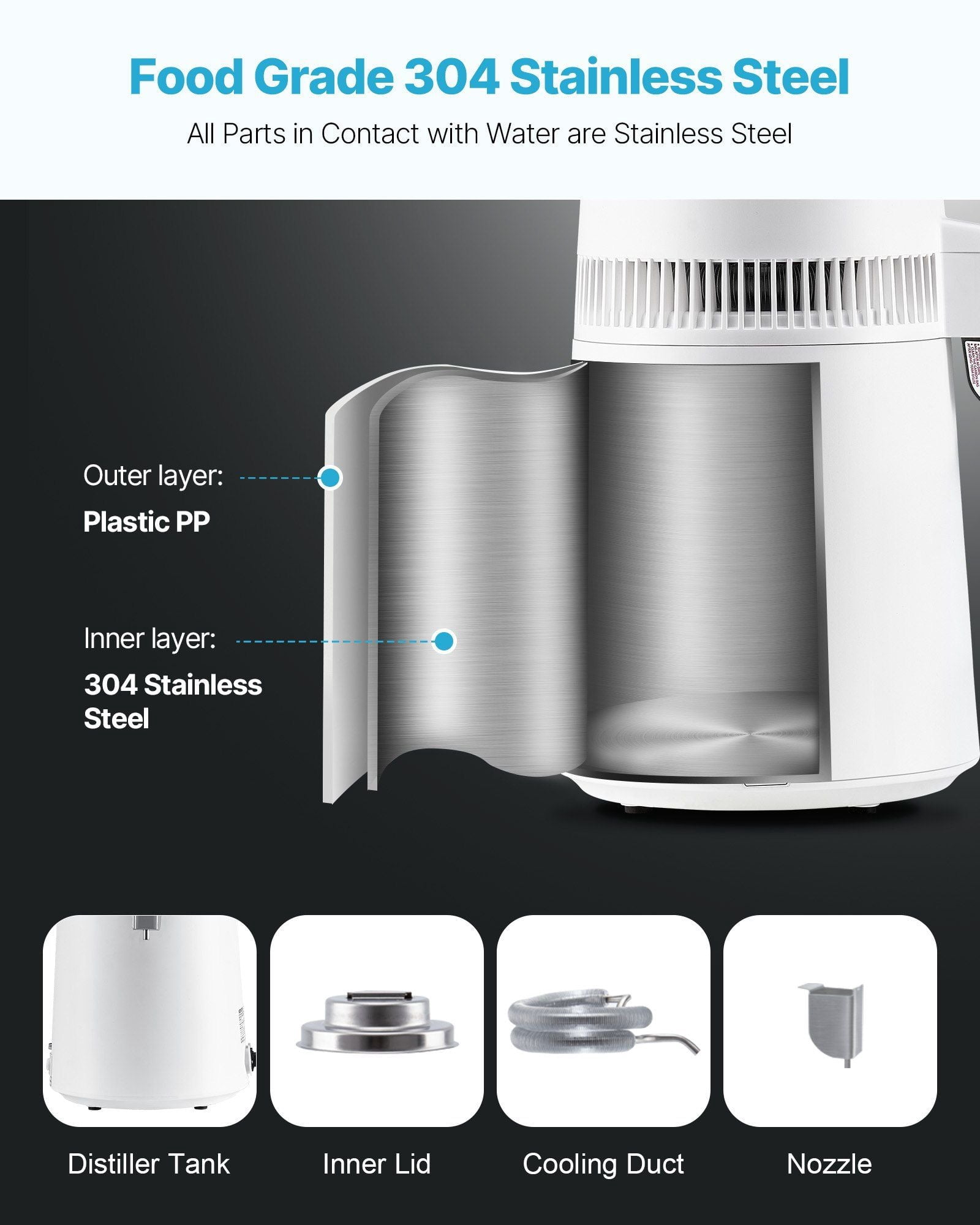 6L Water Distiller Home Countertop Purifier Machine 900W Plastic Stainless Steel
