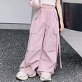 thumbnail image 2 of NOLDARES Girls Parachute Pants Kids Elastic Waist Wide Leg Cargo Pants Y2K Street Baggy Trousers with Pockets(Pink,13-14 Y), 2 of 9