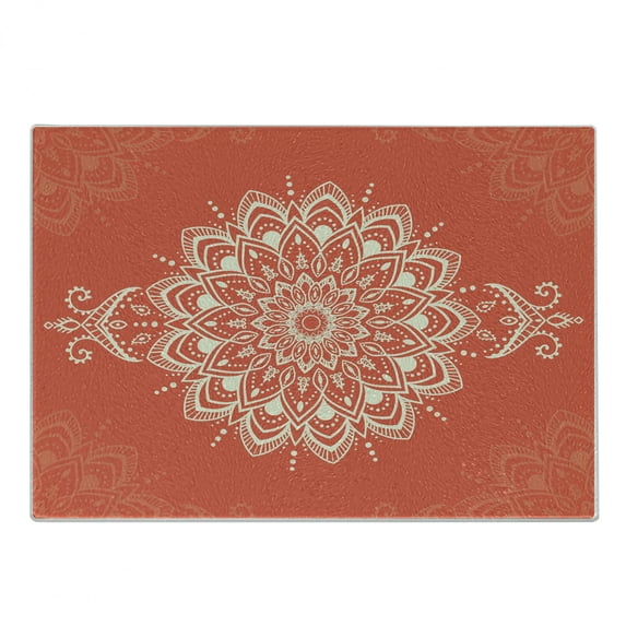 Oriental Cutting Board, Round Mandala Design Yoga Cosmos Concepts Outline Ornament Graphic, Decorative Tempered Glass Cutting and Serving Board, Small Size, Orange Ivory, by Ambesonne