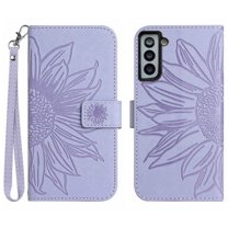 Mantto for Samsung Galaxy S21 FE Wallet Case with Wrist Strap,Stylish Sunflower Embossed PU Leather Shockproof Protective Magnetic Flip Stand Card Slots Protective Phone Cover,Lightpurple