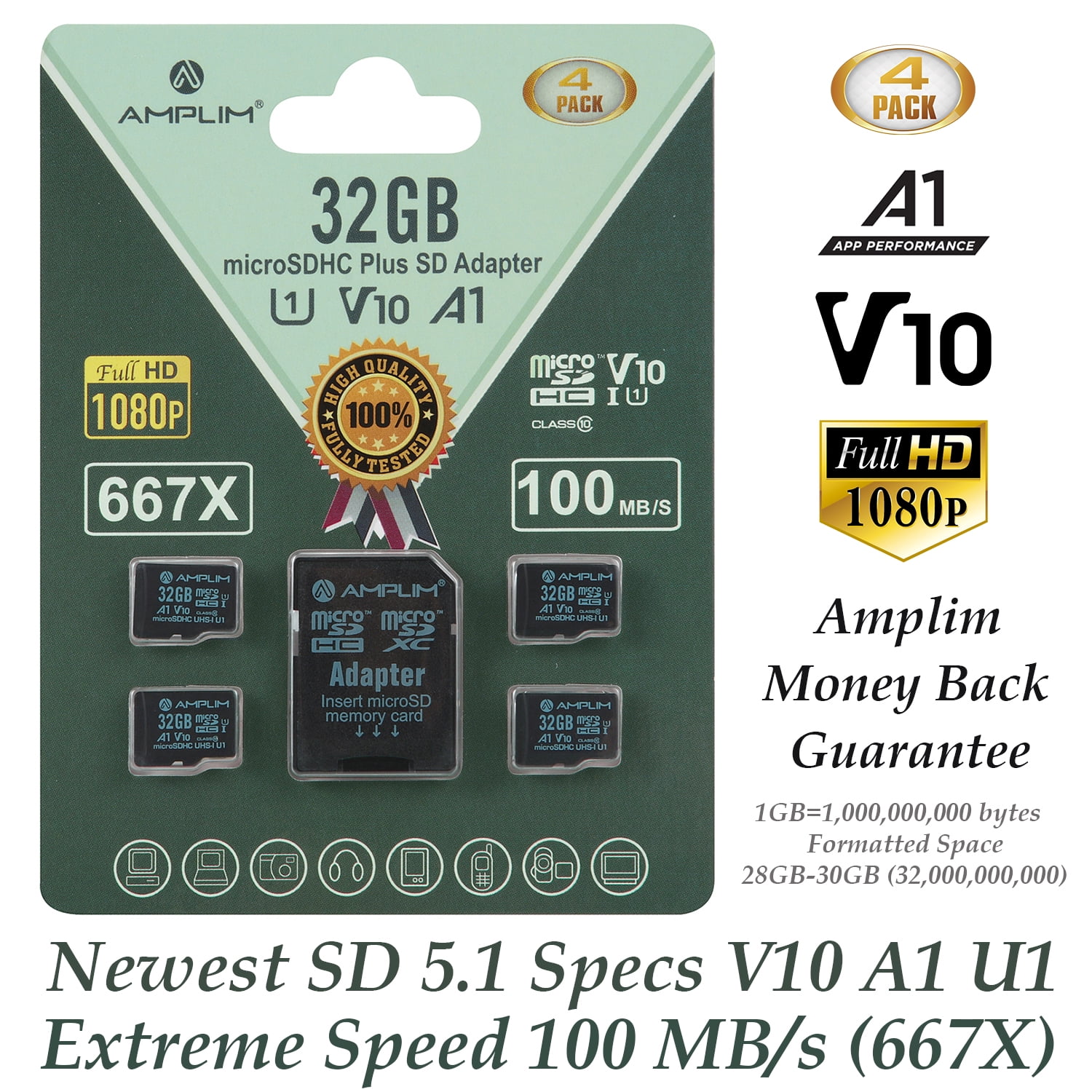 32GB MicroSD Card, Amplim 4 Pack Micro SD Memory Plus Adapter, Extreme High Speed MicroSDHC Class 10 UHS-I U1 V10 TF Nintendo-Switch, GoPro Hero, Raspberry Pi, Phone Galaxy, Camera Cam, Tablet, PC