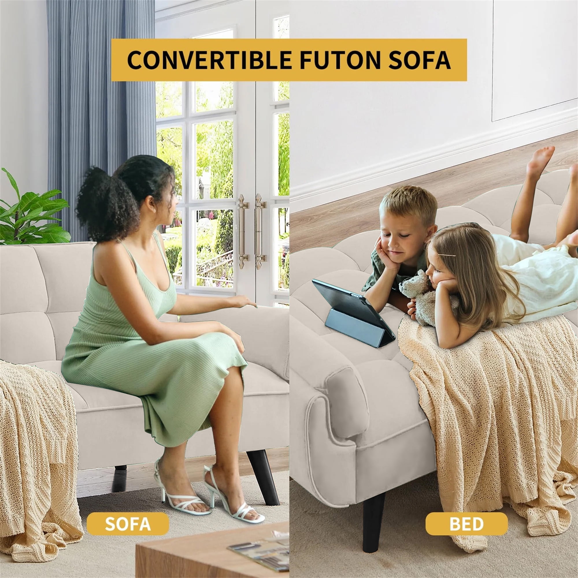 Aukfa 75" Flared Arm Futon Convertible Sofa Bed, Velvet Sleeper Couch for Home Office, Beige