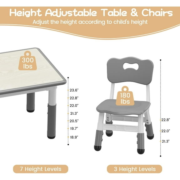 Historyli Table and 4 Chairs Set, for Ages 2-8, Height Adjustable, with Graffiti Desktop, Dark Gray