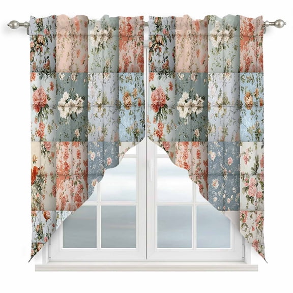 Elegant Spring Floral Kitchen Window Curtains, Swag Curtains Valance for Bedroom Living Room Bathroom, Summer Botanical Plaid Farmhouse Rod Pocket Window Curtain Block Drapes 2 Panels 36"x36"