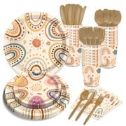 CC HOME Boho Rainbow Birthday Party Tableware Set Serves 16 - Disposable Paper Plates, Napkins, Cups, Forks, Boho Rainbow Theme Party Supplies for 16 Guests