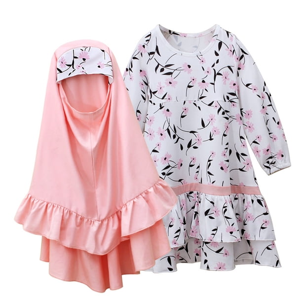 Odeerbi Niñas Floral Vestido Musulmán Con Hijab Ruffle Una Pieza de Vestido Islámico de Oración de Manga Larga Con Cuello Redondo de Algodón Set