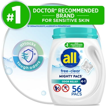 all Mighty Pacs Laundry Detergent, Free Clear Odor Relief, Tub, 56 Count