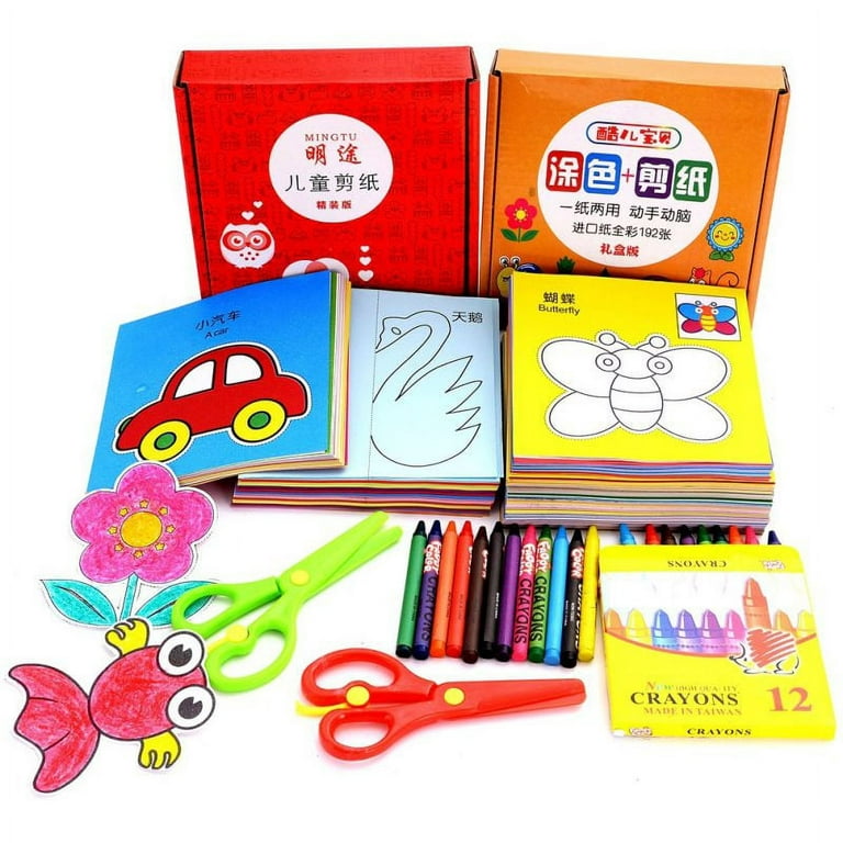 Origami Paper,240 Origami Paper Kit and 192 Pcs Crayon Art Supplies Kids  9-12 Ages Cut Paper Toys With Safety Scissor DIY Educational Toys 